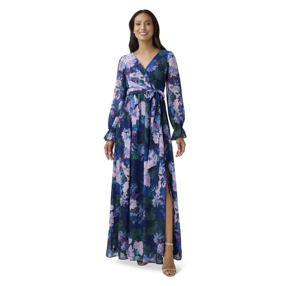 Adrianna Papell Long Sleeve Printed Chiffon Gown Navy Multi 4 Adrianna Papell Long Sleeve Printed Chiffon Gown Navy Multi 4